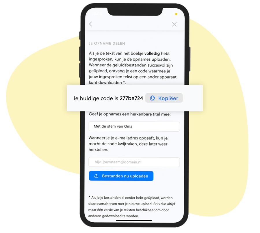Een afbeelding van de app met het scherm voor het uploaden van stem-opnames